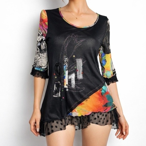 Unbranded Tops - Artsy Mixed Media Patchwork Tunic Top L Black Floral Polka Dot Mesh Embellished